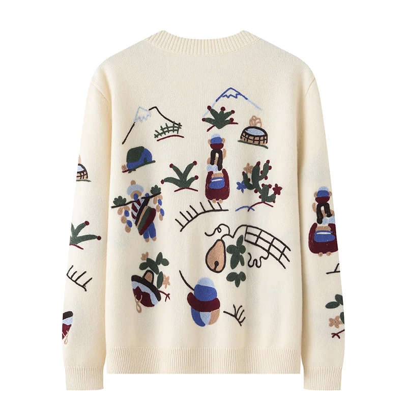 Cashmere crew-neck sweater — White Embroidered — Cashmere Sweaters & Knitwear, 100% Cashmere