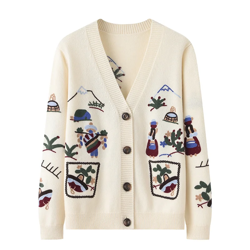 100% Cashmere, Cashmere crew-neck sweater — White Embroidered, 14–15.5µm, Cashmere Garment / Women — detail view 2