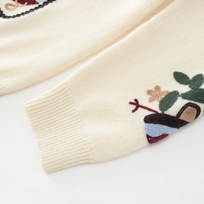 100% Cashmere, Cashmere crew-neck sweater — White Embroidered, 14–15.5µm, Cashmere Garment / Women — detail view 4