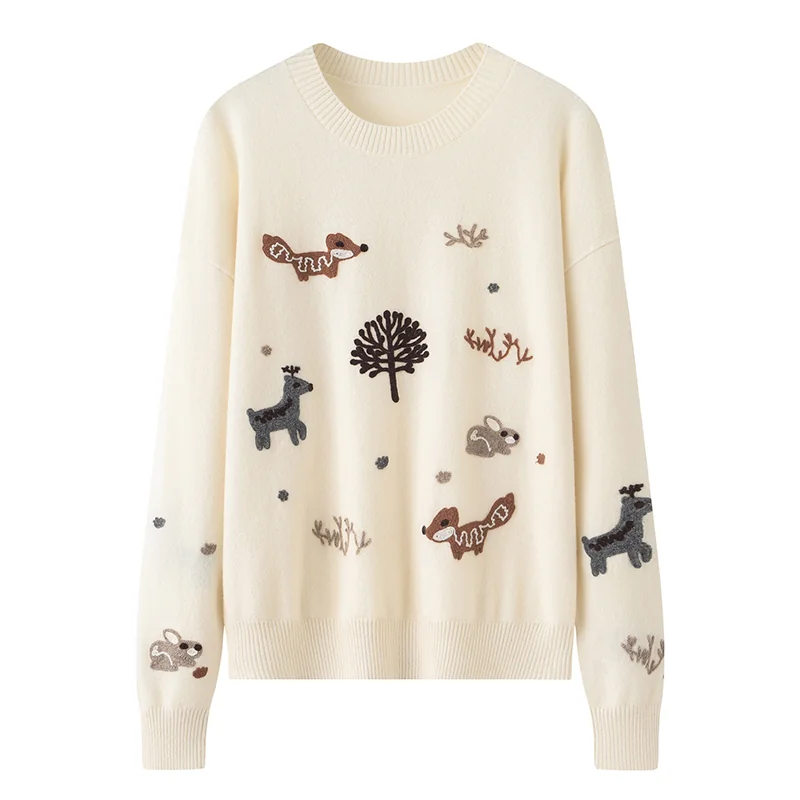 100% Cashmere, Cashmere crew-neck sweater — White Embroidered, 14–15.5µm, Cashmere Garment / Women — detail view 2