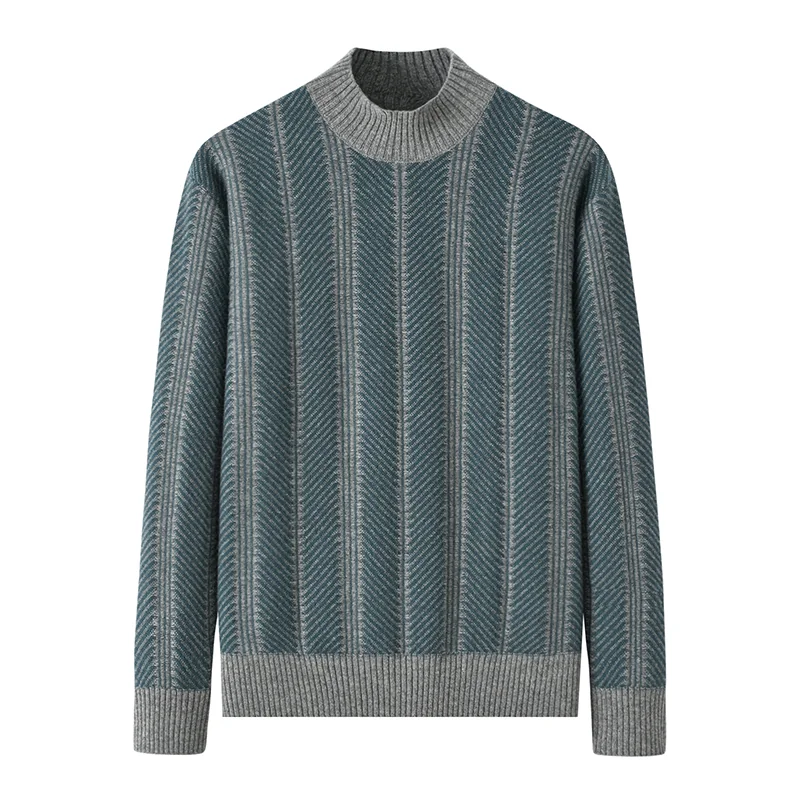 100% Cashmere, Cashmere crew-neck sweater — Grey Striped, 14–15.5µm, Cashmere Garment / Men — detail view 2