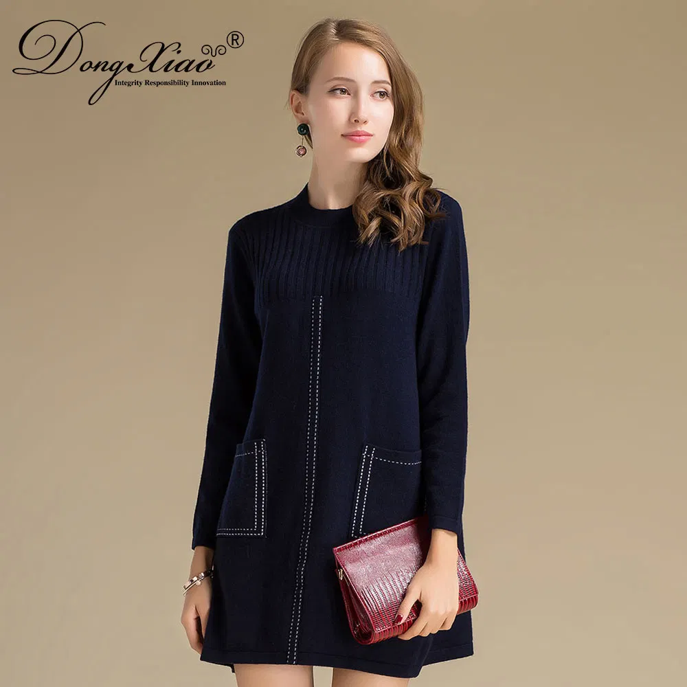 Fashion Navy Color Long Sleeve Cashmere Wool Knitted Dress view 2
