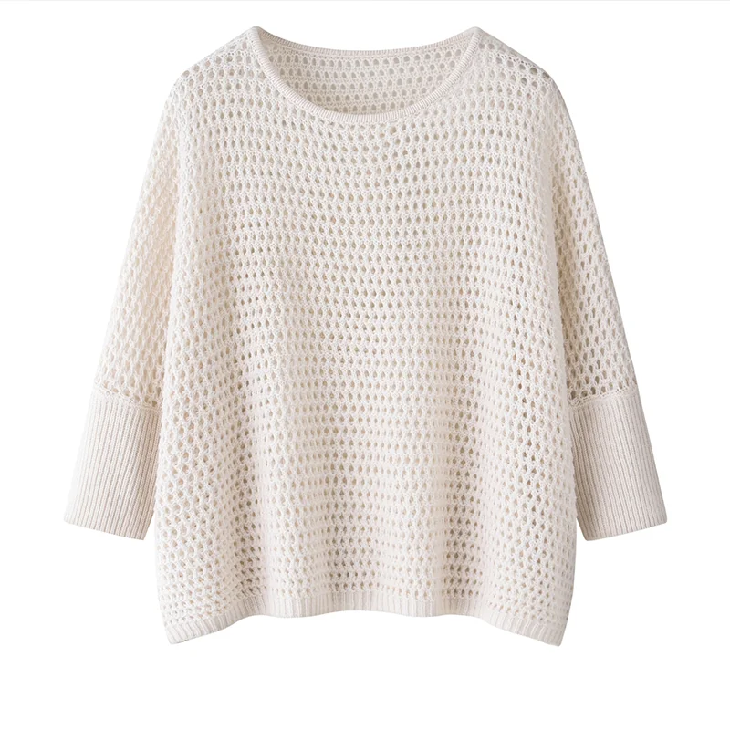 100% Cashmere, Cashmere crew-neck sweater — White, 14–15.5µm, Cashmere Garment / Women — detail view 2