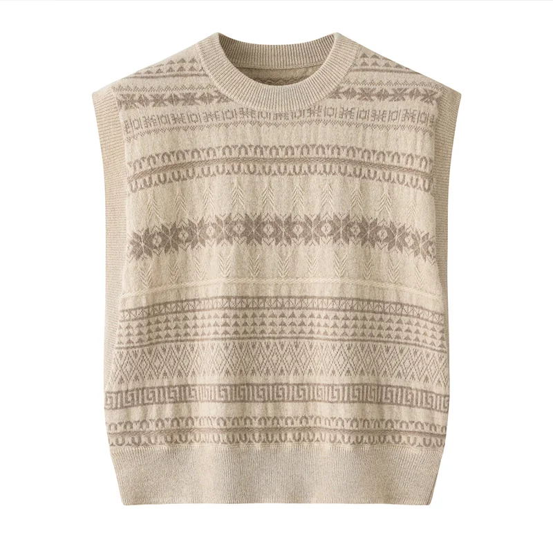 100% Cashmere, Cashmere crew-neck sweater — Beige Striped, 14–15.5µm, Cashmere Garment / Women — detail view 2