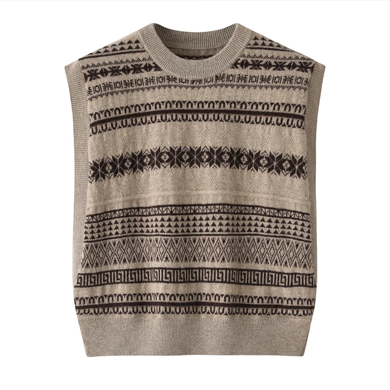 100% Cashmere, Cashmere crew-neck sweater — Beige Striped, 14–15.5µm, Cashmere Garment / Women — detail view 3
