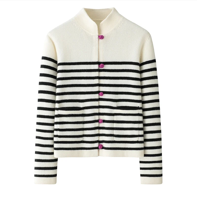 100% Cashmere, Cashmere crew-neck sweater — Black Striped, 14–15.5µm, Cashmere Garment / Women — detail view 2