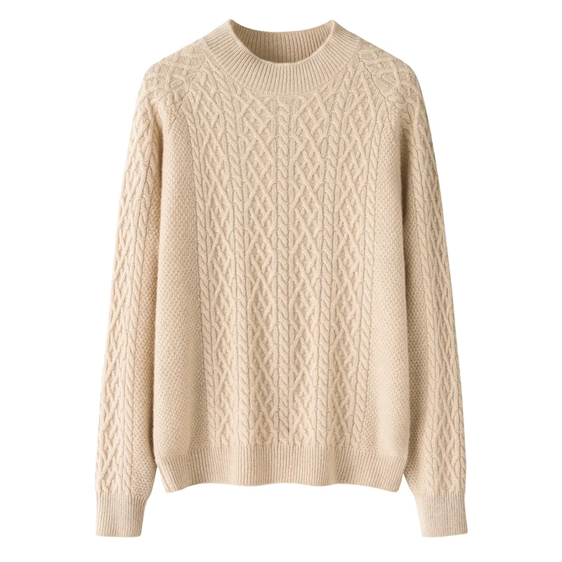 100% Cashmere, Cashmere crew-neck sweater — Camel Cable, 14–15.5µm, Cashmere Garment / Women — detail view 3