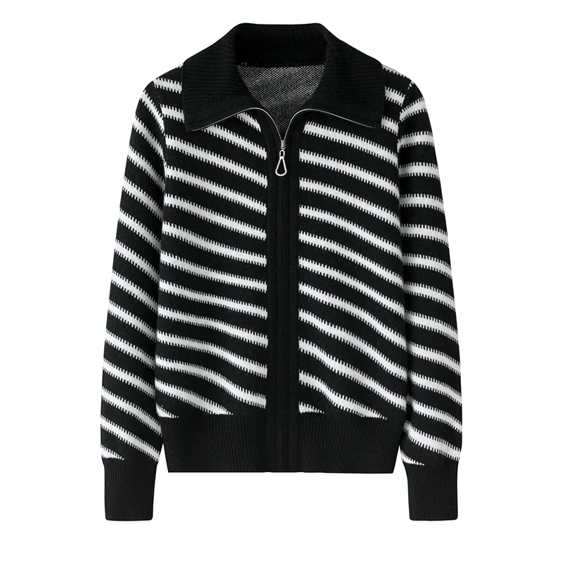 100% Cashmere, Cashmere crew-neck sweater — Black Striped, 14–15.5µm, Cashmere Garment / Women — detail view 2