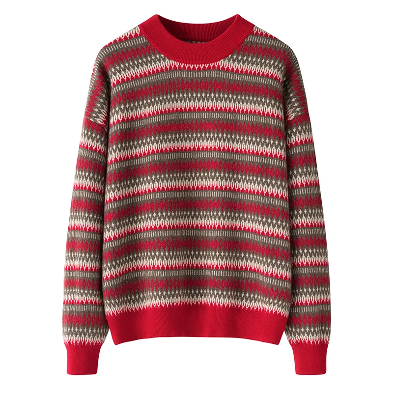 100% Cashmere, Cashmere crew-neck sweater — Red Striped, 14–15.5µm, Cashmere Garment / Women — detail view 2