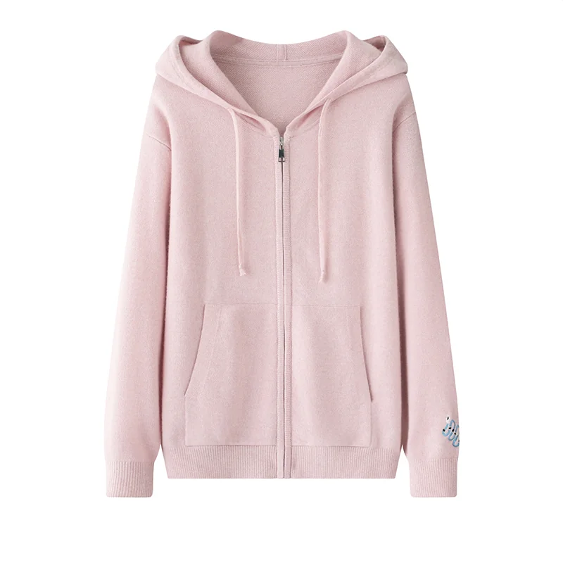 100% Cashmere, Cashmere hooded cardigan — Pink Hooded, 14–15.5µm, Cashmere Garment / Women — detail view 2
