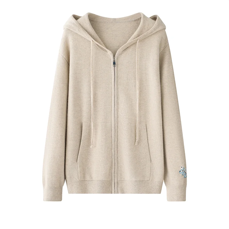100% Cashmere, Cashmere hooded cardigan — Pink Hooded, 14–15.5µm, Cashmere Garment / Women — detail view 4