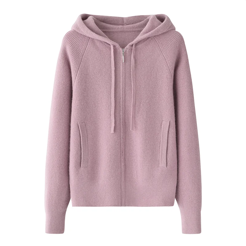100% Cashmere, Cashmere hooded cardigan — Pink Hooded, 14–15.5µm, Cashmere Garment / Women — detail view 2
