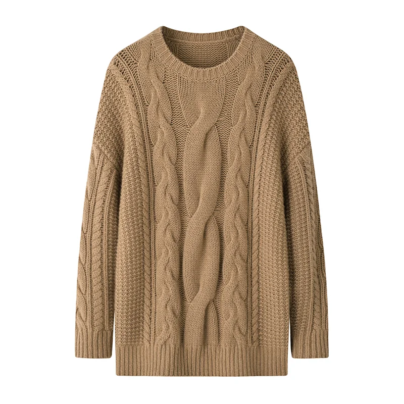 100% Cashmere, Cashmere crew-neck sweater — Camel Cable, 14–15.5µm, Cashmere Garment / Women — detail view 2
