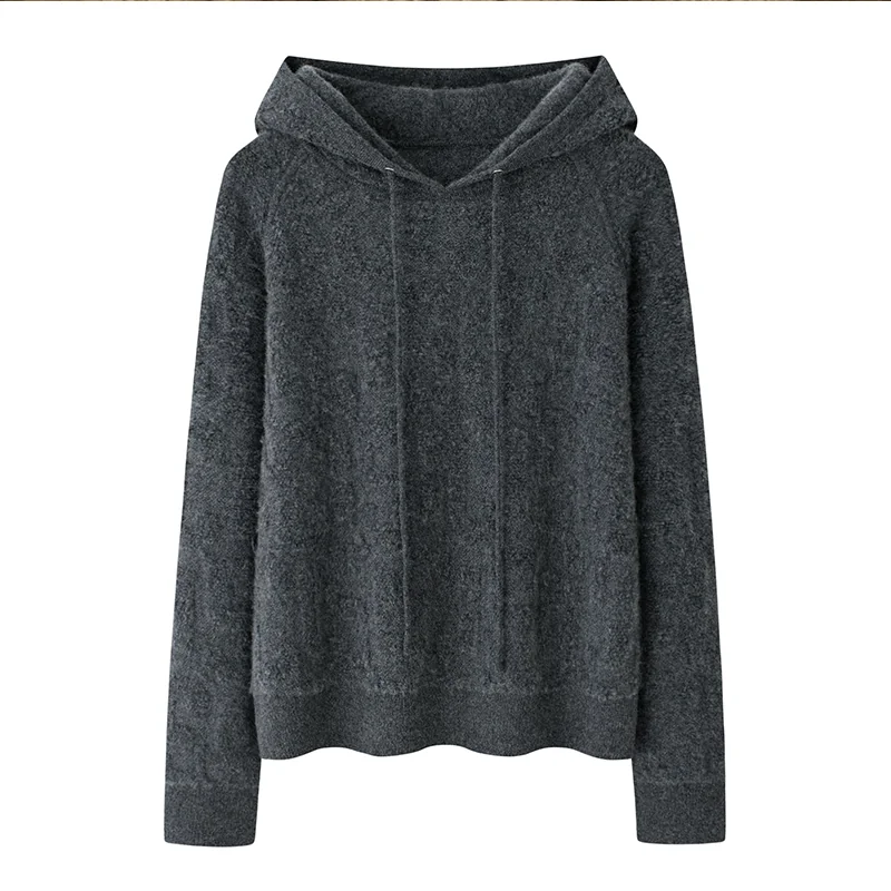 100% Cashmere, Cashmere hooded cardigan — Grey Hooded cowl, 14–15.5µm, Cashmere Garment / Women — detail view 2