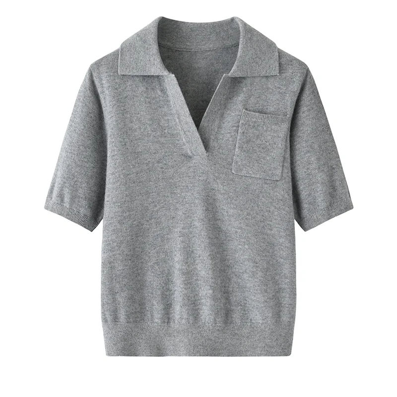 100% Cashmere, Cashmere short-sleeve knit — Grey Short sleeve, 14–15.5µm, Cashmere Garment / Women — detail view 2
