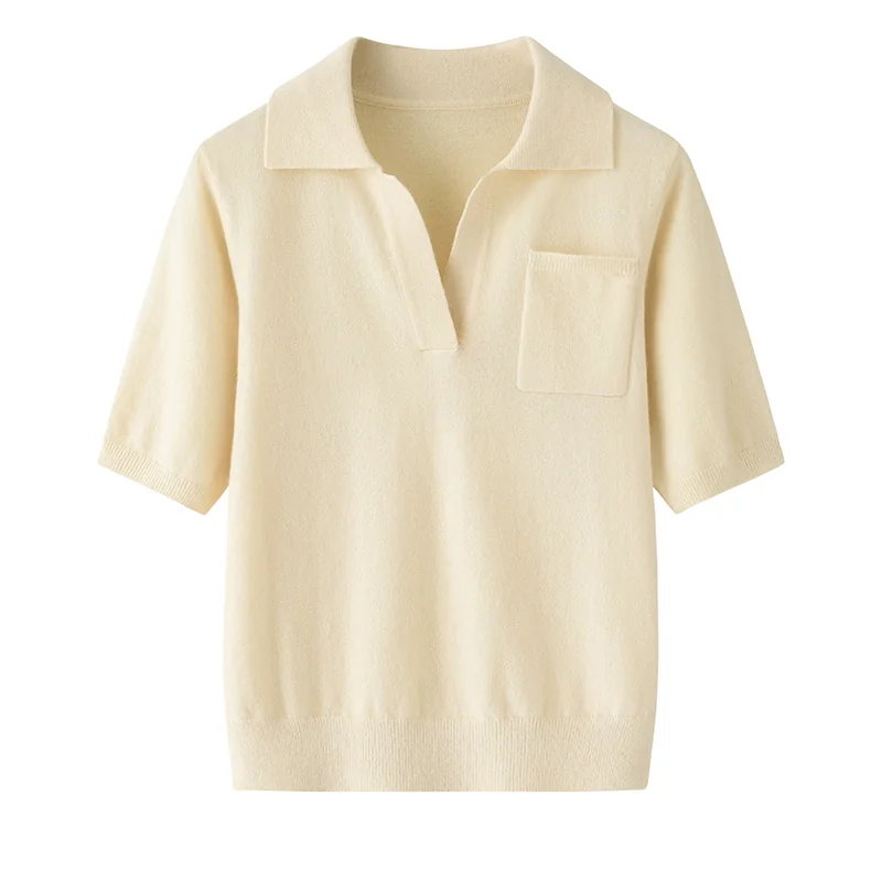 100% Cashmere, Cashmere short-sleeve knit — Grey Short sleeve, 14–15.5µm, Cashmere Garment / Women — detail view 3