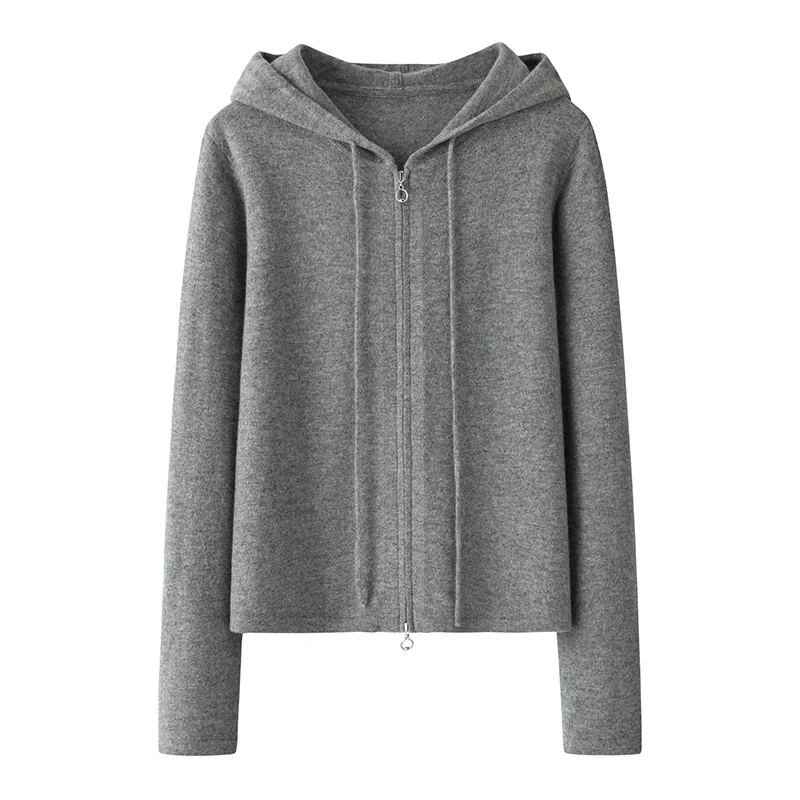100% Cashmere, Cashmere hooded cardigan — Grey Cowl neck, 14–15.5µm, Cashmere Garment / Women — detail view 2