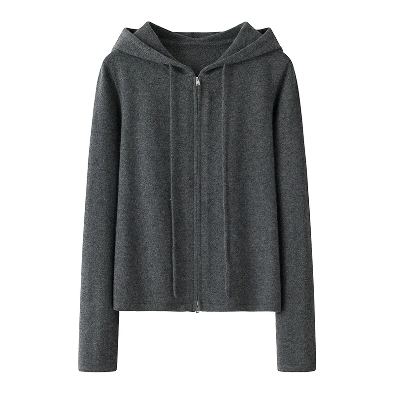 100% Cashmere, Cashmere hooded cardigan — Grey Cowl neck, 14–15.5µm, Cashmere Garment / Women — detail view 3