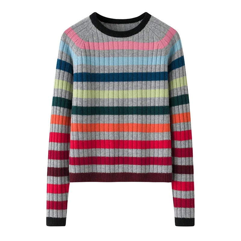 100% Cashmere, Cashmere crew-neck sweater — Rainbow stripe, 14–15.5µm, Cashmere Garment / Women — detail view 2