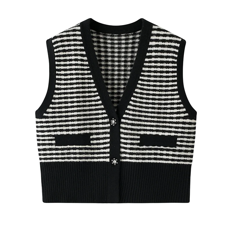 100% Cashmere, Cashmere sleeveless vest — Black Striped tank, 14–15.5µm, Cashmere Garment / Women — detail view 2