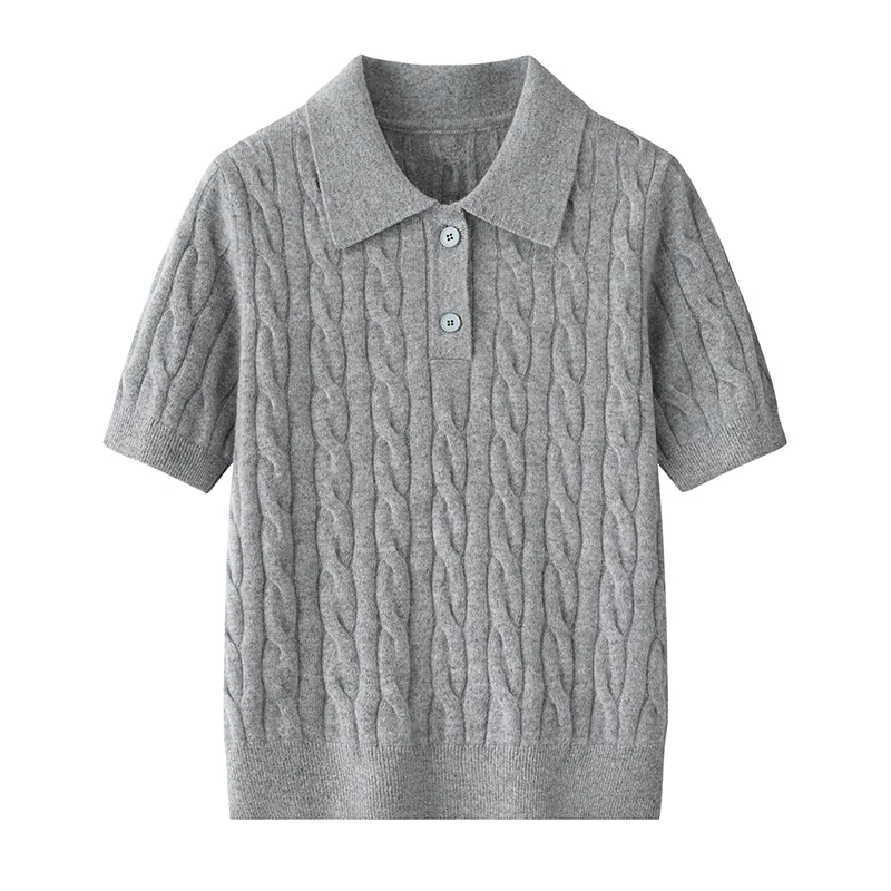 100% Cashmere, Cashmere short-sleeve knit — Grey Short sleeve, 14–15.5µm, Cashmere Garment / Women — detail view 2