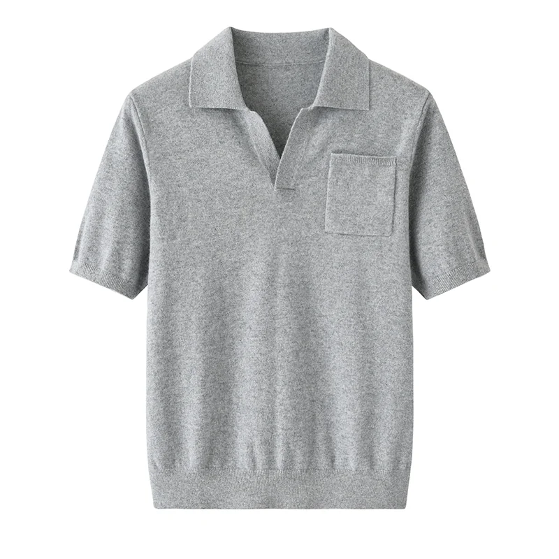 100% Cashmere, Cashmere short-sleeve knit — Grey Short sleeve, 14–15.5µm, Cashmere Garment / Men — detail view 2