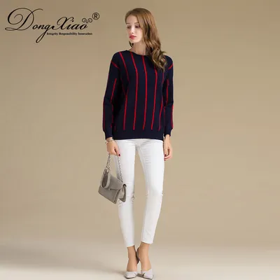 Casual Red Vertical Stripes Wool Cashmere Sweater for Girls