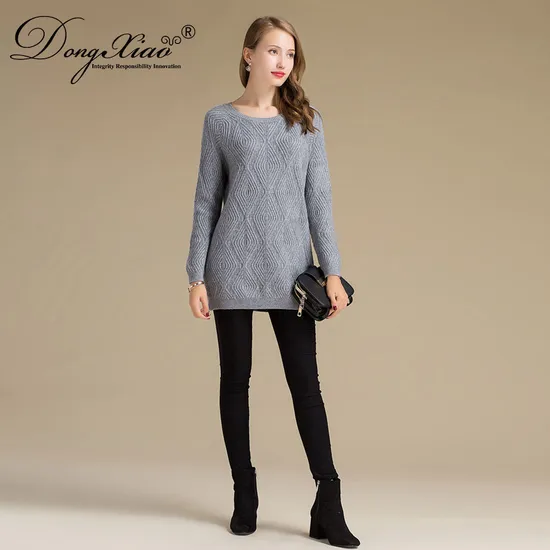 Round Neck Wool Cashmere Blended Women Long Sweater Design