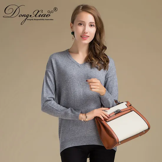 Fashion Gray Color V Neck Pure Cashmere Pullover Sweater