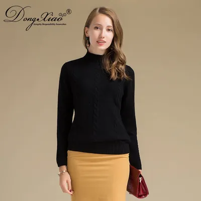 Rolled High Neck Cable Knit Wool Cashmere Sweater for Ladies