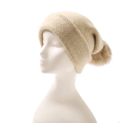 Rabbit Fur Ball Pure Cashmere Slouchy Knitted Beanie