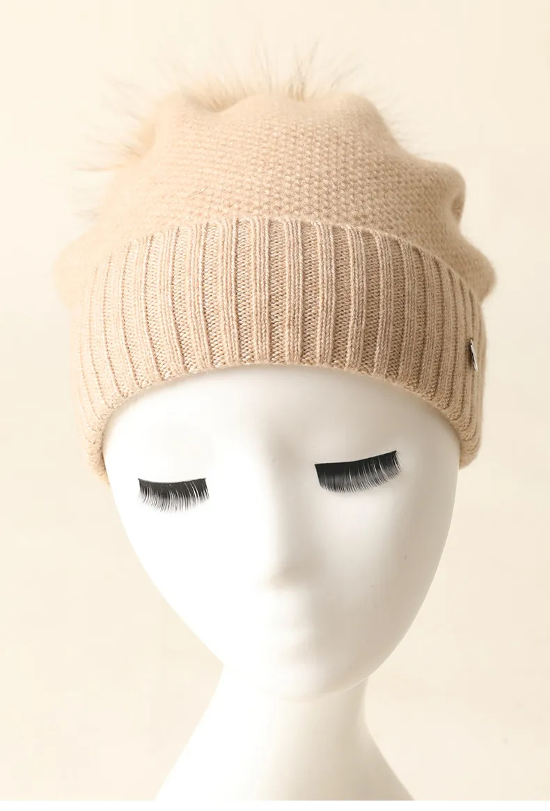 100 Pure Cashmere Cap Fashion Knitted Lady POM Beanie view 2