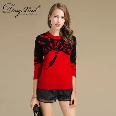 Women s Knitted Red Black Jacquard Winter Pullover Sweater