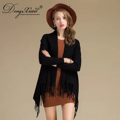 Black Color Long Sleeve Cashmere Poncho with Tassels