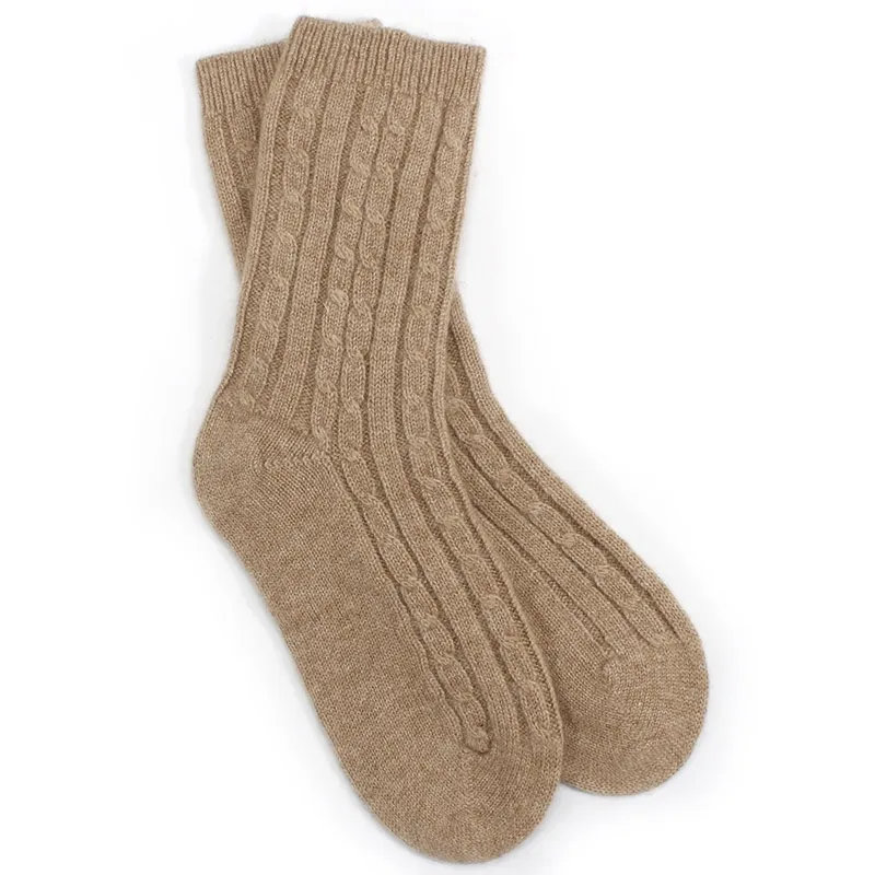Cable Knitted Camel Color Cashmere Socks for Women view 2