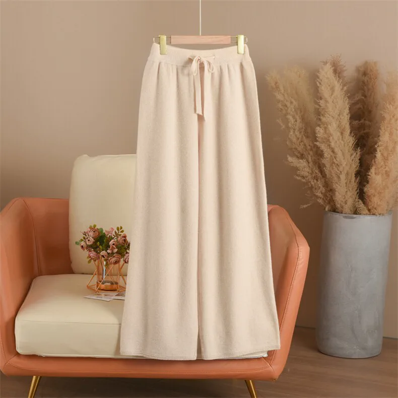 Wholesale High Waist Wool Wide Leg Pants Women - Knitted Cashmere Blend Trousers