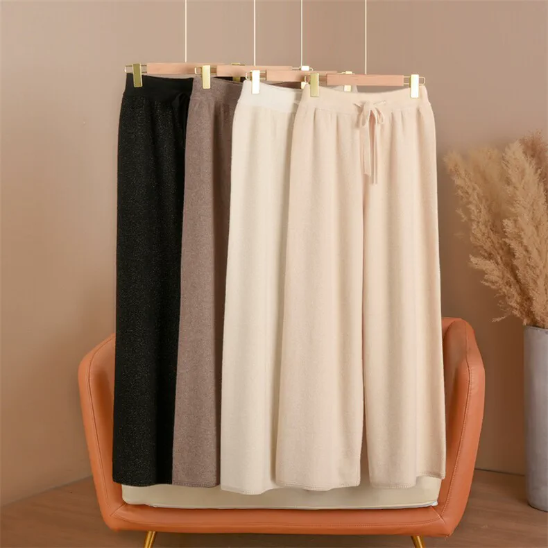 100% Wool, High Waist Wool Wide Leg Pants Women - Knitted Cashmere Blend Trousers, 14–15.5µm, Womenswear — detail view 2