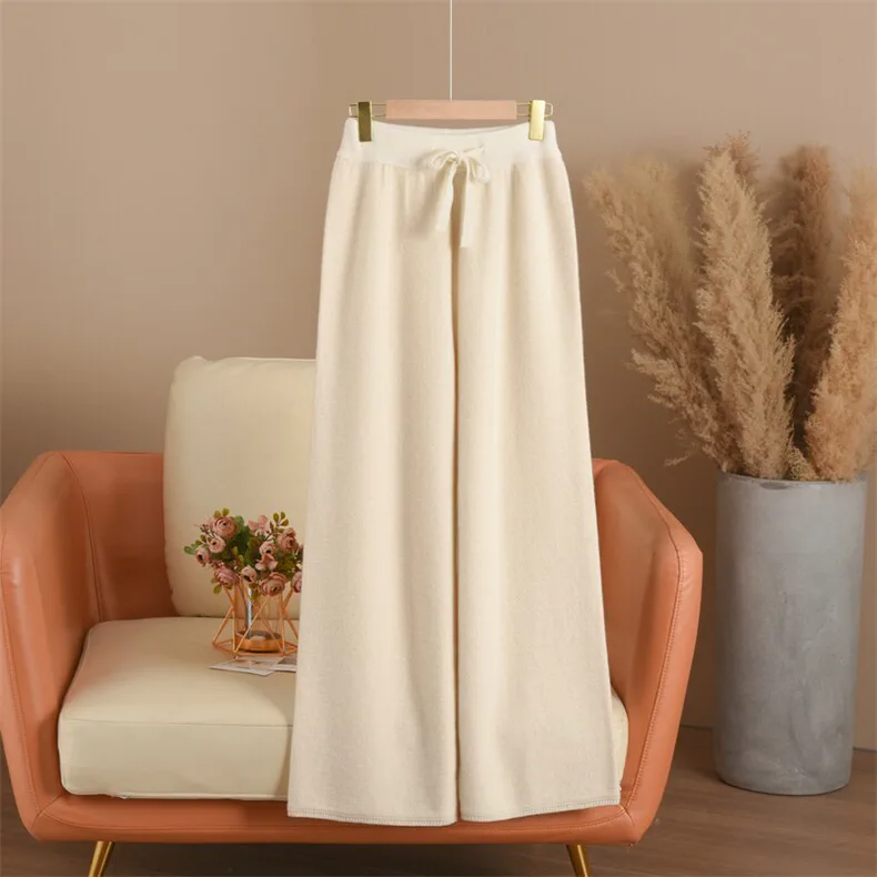 100% Wool, High Waist Wool Wide Leg Pants Women - Knitted Cashmere Blend Trousers, 14–15.5µm, Womenswear — detail view 3