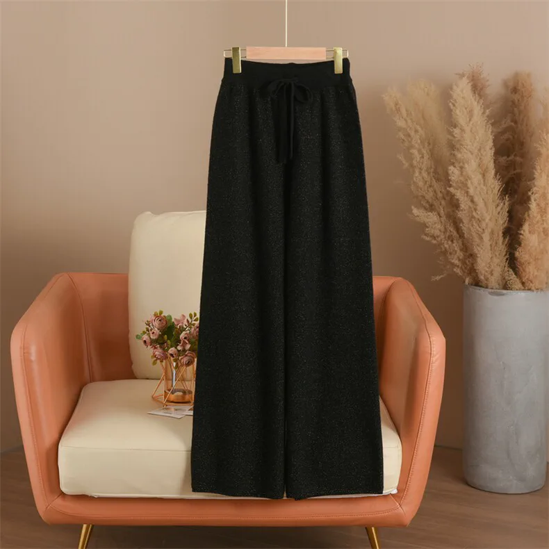 100% Wool, High Waist Wool Wide Leg Pants Women - Knitted Cashmere Blend Trousers, 14–15.5µm, Womenswear — detail view 8