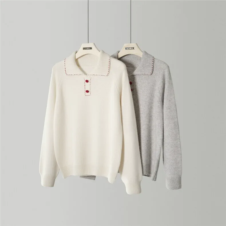 100% Cashmere, Custom Cashmere Polo Collar Sweater Women - Button Detail Pullover, 14–15.5µm, Womenswear — detail view 2