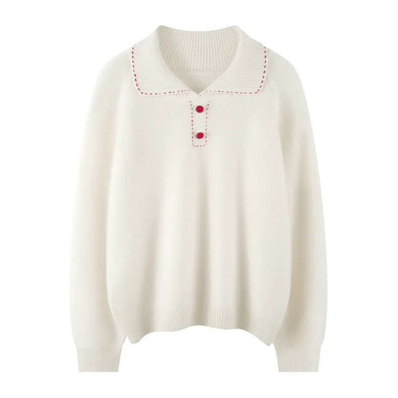 100% Cashmere, Custom Cashmere Polo Collar Sweater Women - Button Detail Pullover, 14–15.5µm, Womenswear — detail view 3