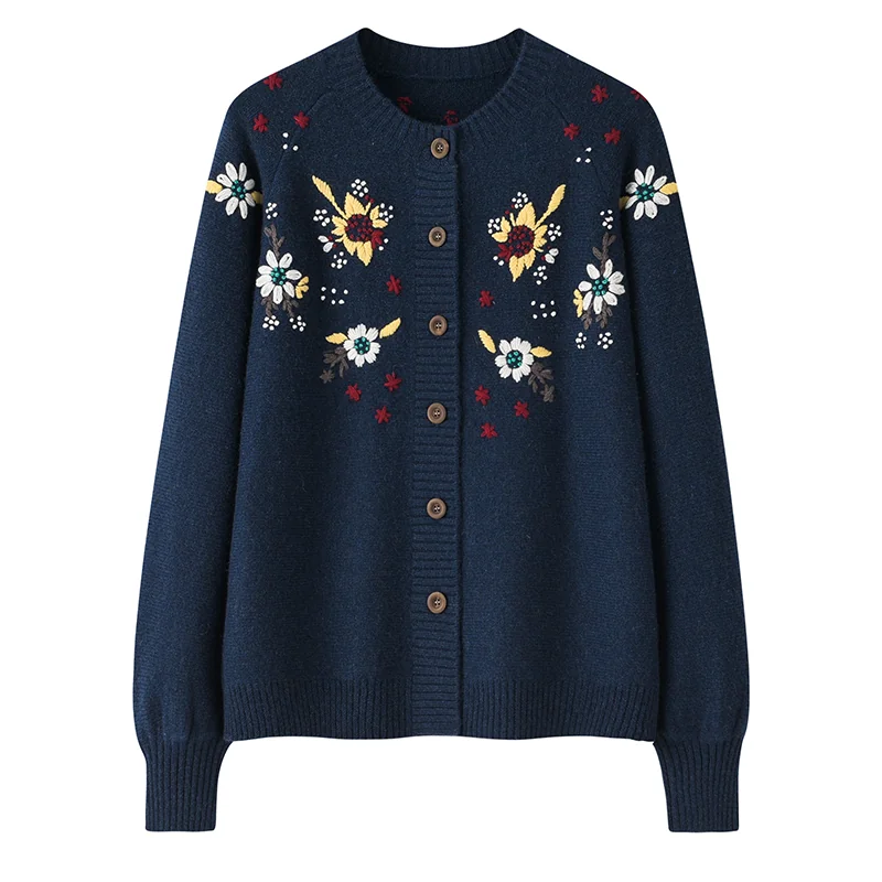 100% Cashmere, Cashmere floral-embroidered open-front cardigan, 14–15.5µm, Cashmere Garment — detail view 3