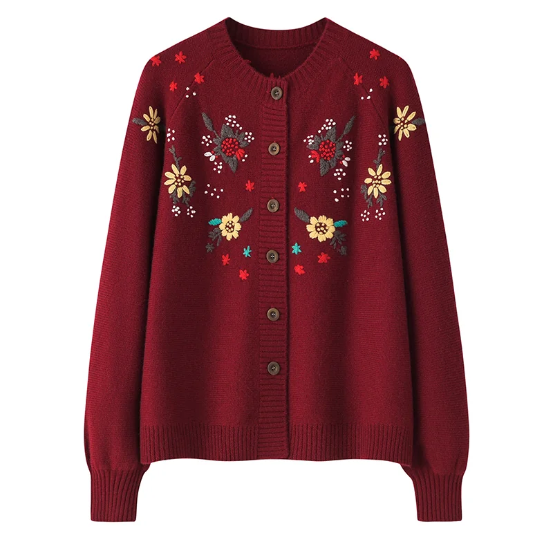 100% Cashmere, Cashmere floral-embroidered open-front cardigan, 14–15.5µm, Cashmere Garment — detail view 5