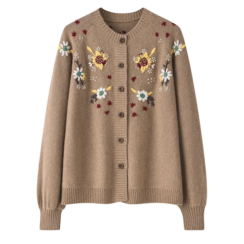 100% Cashmere, Cashmere floral-embroidered open-front cardigan, 14–15.5µm, Cashmere Garment — detail view 7