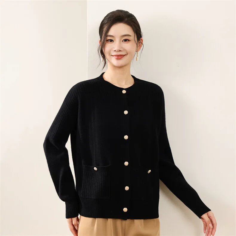100% Cashmere, Custom Gold Button Cardigan Women - Chanel-Style Cashmere Knit Sweater, 14–15.5µm, Womenswear — detail view 3