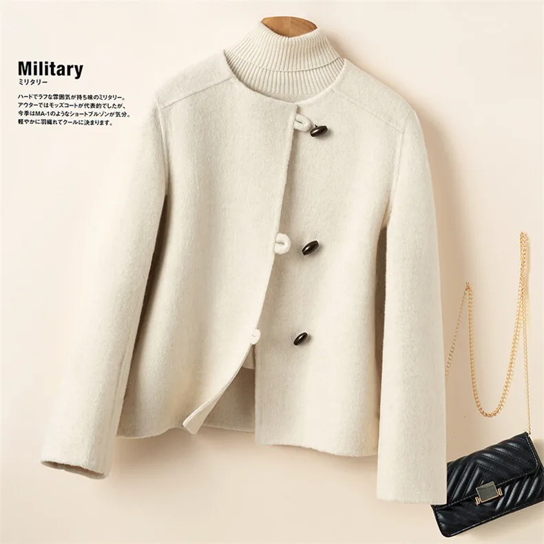 100% Wool, Custom Double-Face Wool Coat Women - Button Closure Cashmere Blend Overcoat, 14–15.5µm, Womenswear — detail view 2