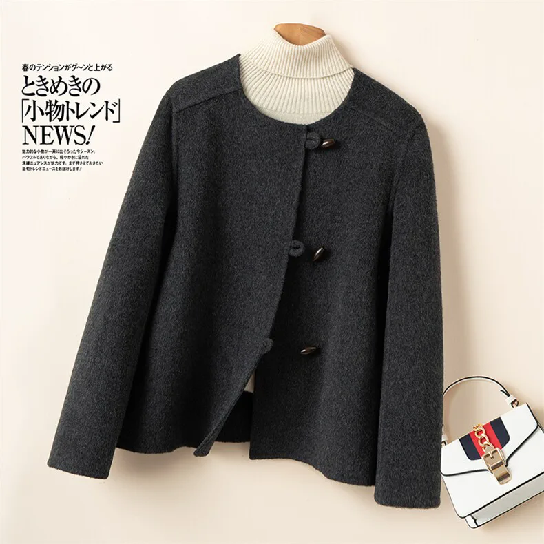 100% Wool, Custom Double-Face Wool Coat Women - Button Closure Cashmere Blend Overcoat, 14–15.5µm, Womenswear — detail view 3
