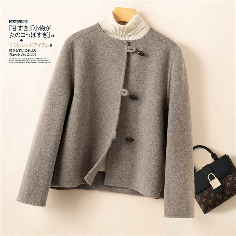 100% Wool, Custom Double-Face Wool Coat Women - Button Closure Cashmere Blend Overcoat, 14–15.5µm, Womenswear — detail view 4