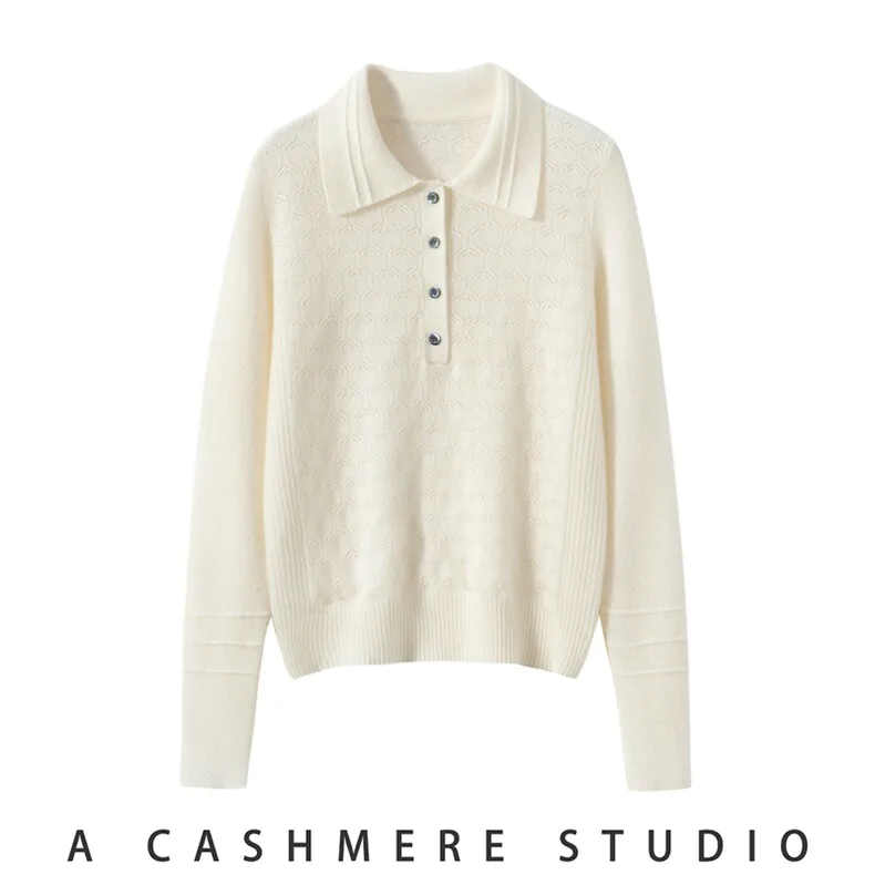 100% Cashmere, Custom Hollow Knit Sweater Women - Polo Collar Pullover FW 2025, 14–15.5µm, Womenswear — detail view 2