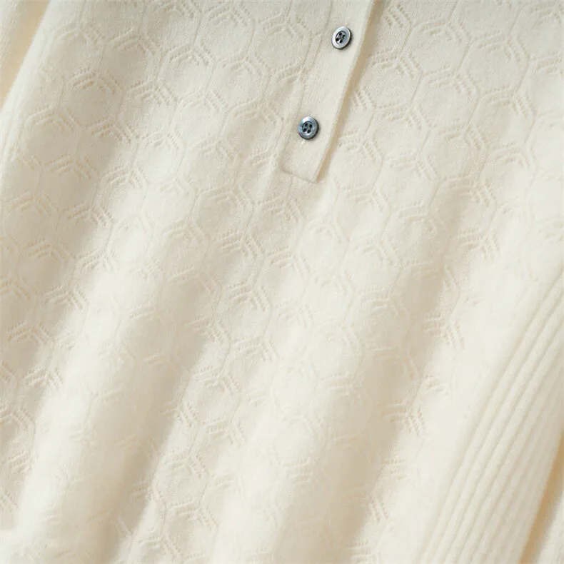 100% Cashmere, Custom Hollow Knit Sweater Women - Polo Collar Pullover FW 2025, 14–15.5µm, Womenswear — detail view 4